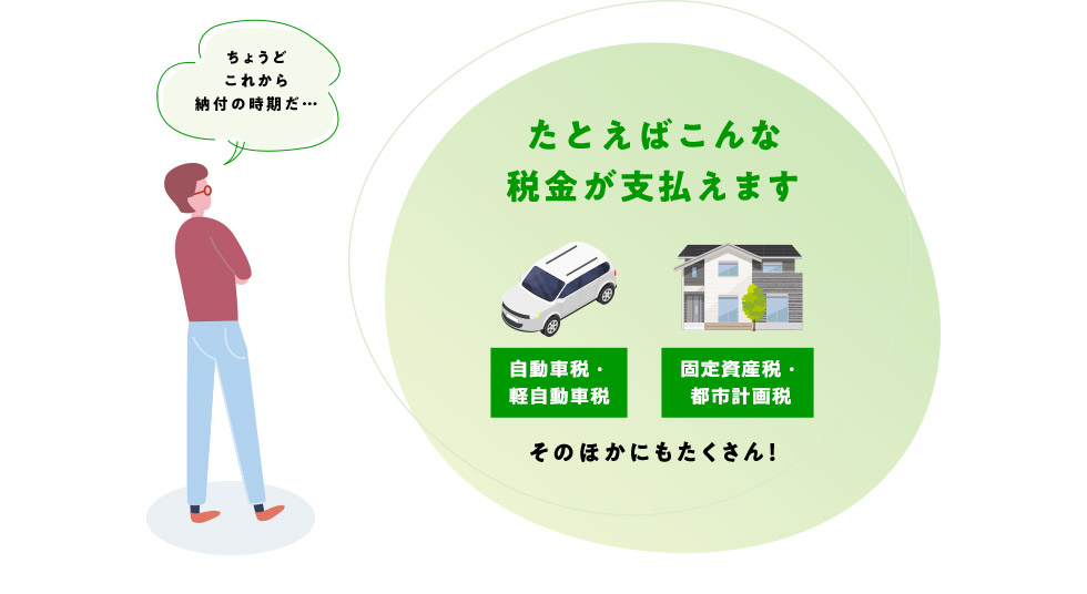 ちょうどこれから納付の時期だ… たとえばこんな税金が支払えます 自動車税・軽自動車税 固定資産税・都市計画税そのほかにもたくさん！