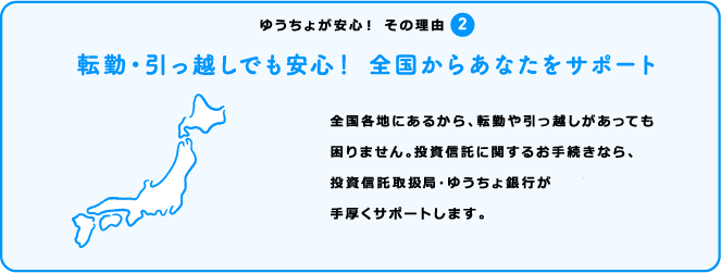 ゆうちょが安心！ その理由2 転勤・引っ越しでも安心！ 全国からあなたをサポート 全国各地にあるから、転勤や引っ越しがあっても困りません。投資信託に関するお手続きなら、投資信託取扱局・ゆうちょ銀行が手厚くサポートします。