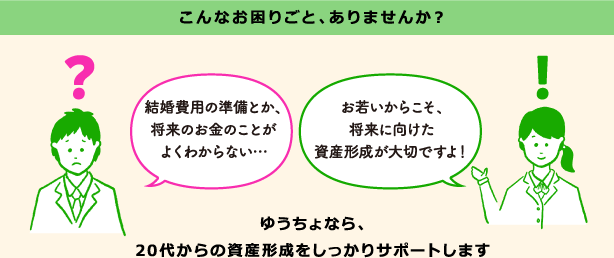 こんなお困りごと、ありませんか？「結婚費用の準備とか、将来のお金のことがよくわからない…」「お若いからこそ、将来に向けた資産形成が大切ですよ！」ゆうちょなら、20代からの資産形成をしっかりサポートします