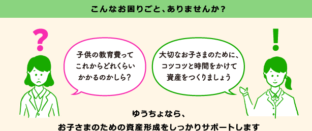 こんなお困りごと、ありませんか？「子供の教育費ってこれからどれくらいかかるのかしら？」「大切なお子さまのために、コツコツと時間をかけて資産をつくりましょう」ゆうちょなら、お子さまのための資産形成をしっかりサポートします