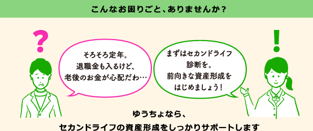 こんなお困りごと、ありませんか？「そろそろ定年。退職金も入るけど、老後のお金が心配だわ…」「まずはセカンドライフ診断を。前向きな資産形成をはじめましょう！」ゆうちょなら、セカンドライフの資産形成をしっかりサポートします