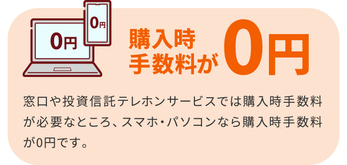 購入時手数料が0円 窓口や投資信託テレホンサービスでは購入時手数料が必要なところ、スマホ・パソコンなら購入時手数料が0円です。