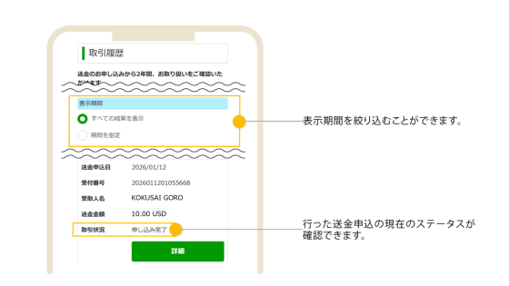 取引履歴画面　表示期間を絞り込むことができます。行った送金申込の現在のステータスが確認できます。