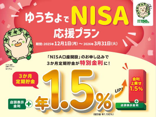 ゆうちょでNISA応援プラン 期間：2025年12月1日（月）～2026年3月31日（火）「NISA口座開設」のお申し込みで３か月定期貯金が特別金利に！ 店頭表示金利＋３か月定期貯金年1.5％UP！（税引後 年1.195％) 店頭表示金利＋金利上乗せ1.5％ ゆうちょ銀行企業キャラクター はりちょ